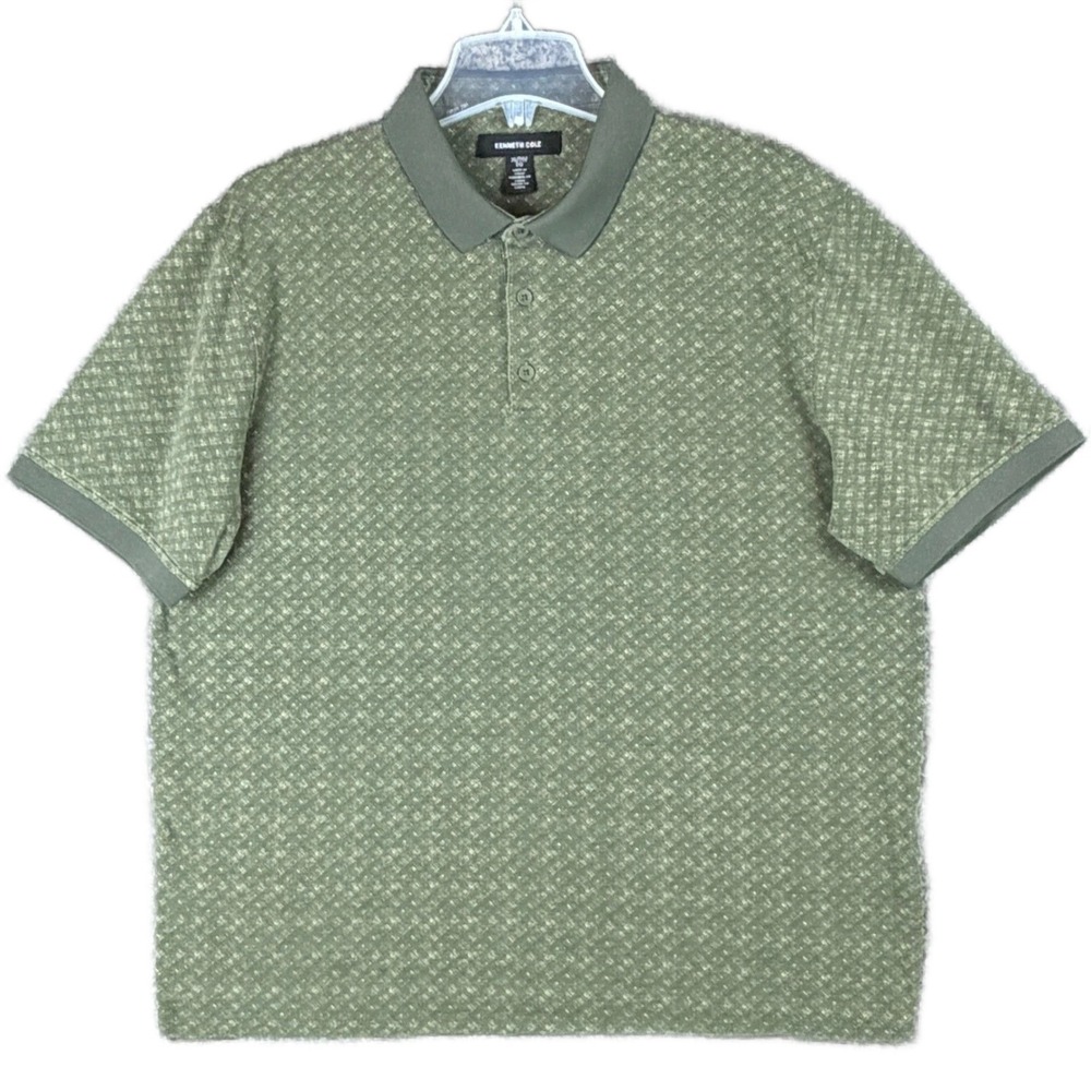 Kenneth Cole Men's XL Olive Green Golf Geometric Print Polo Shirt Cotton Stretch
